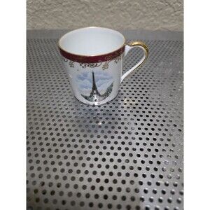 Limoges Demitasse Cup Gilt Trim And Leaves Tour Of Eiffel Tower Souvenir 2” Tall